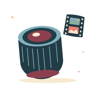 Studio camera lens and a photo strip.