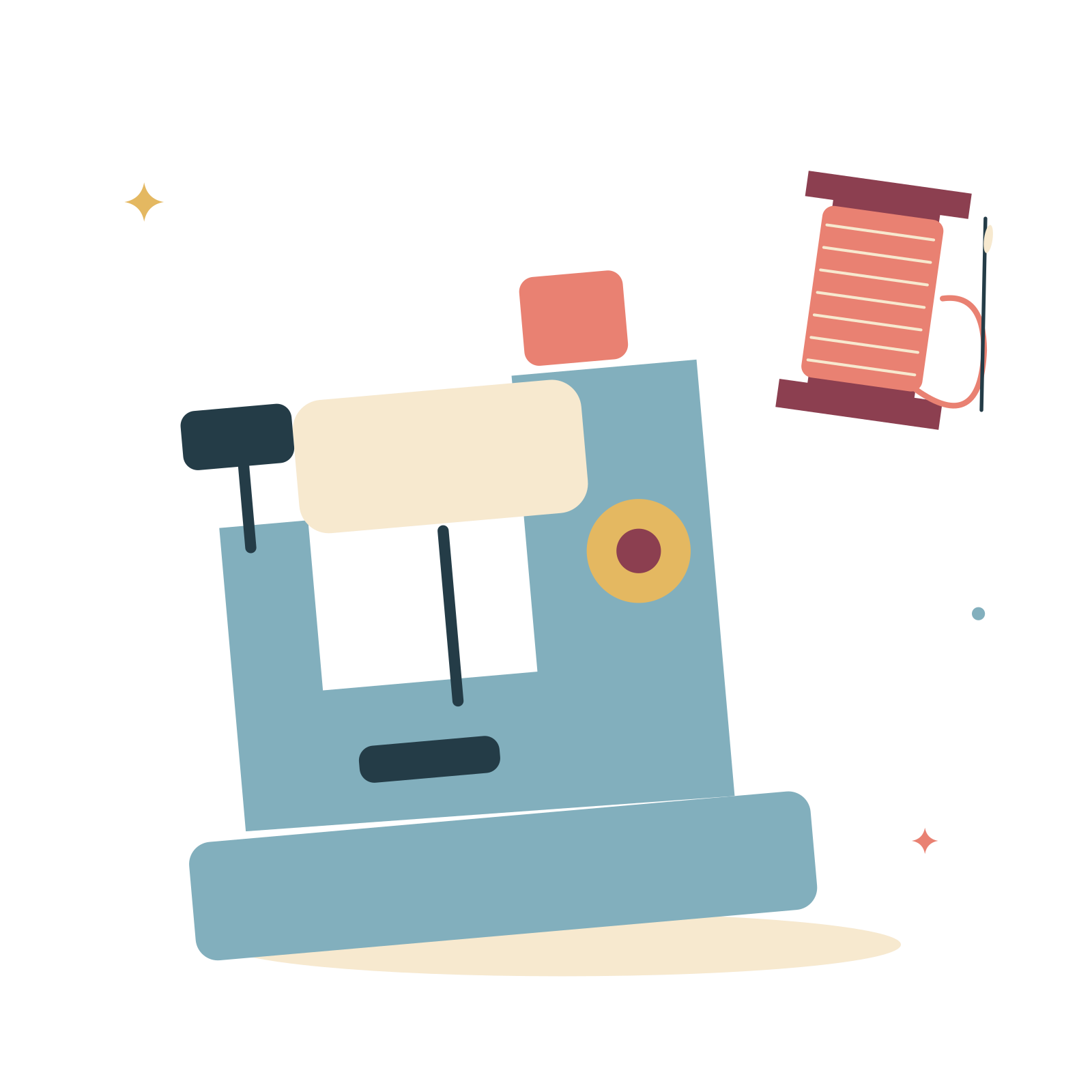 Sewing machine and spool of thread.