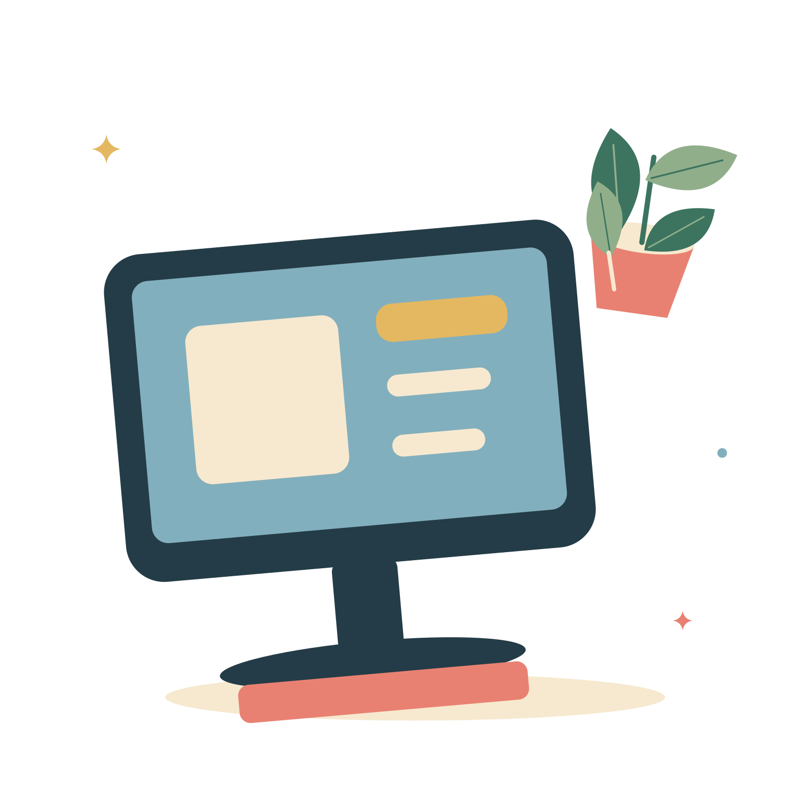 Creative desktop and green plant.