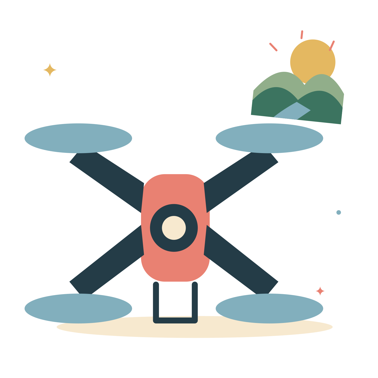 Camera drone and a sunny landscape.