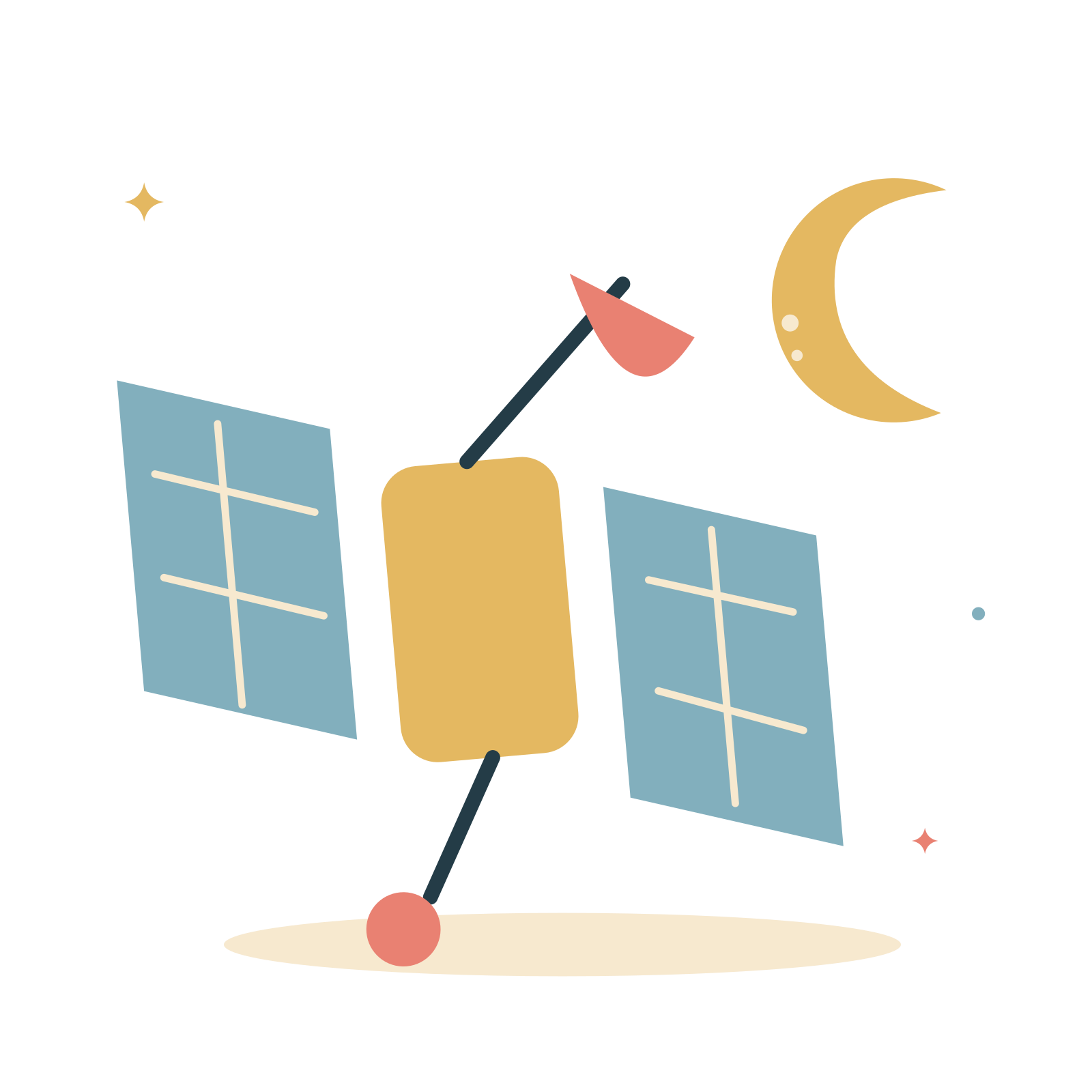Orbiting satellite and golden moon.