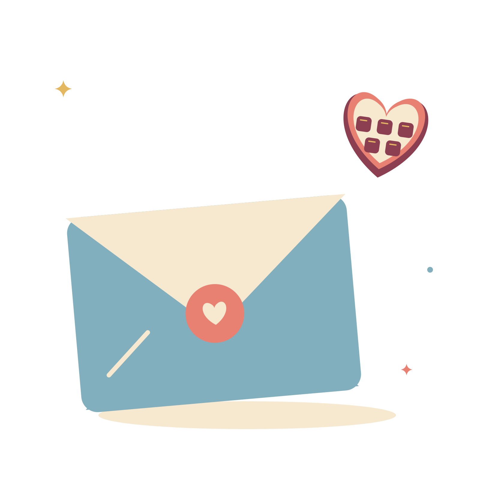 Love letter and heart shaped chocolates.