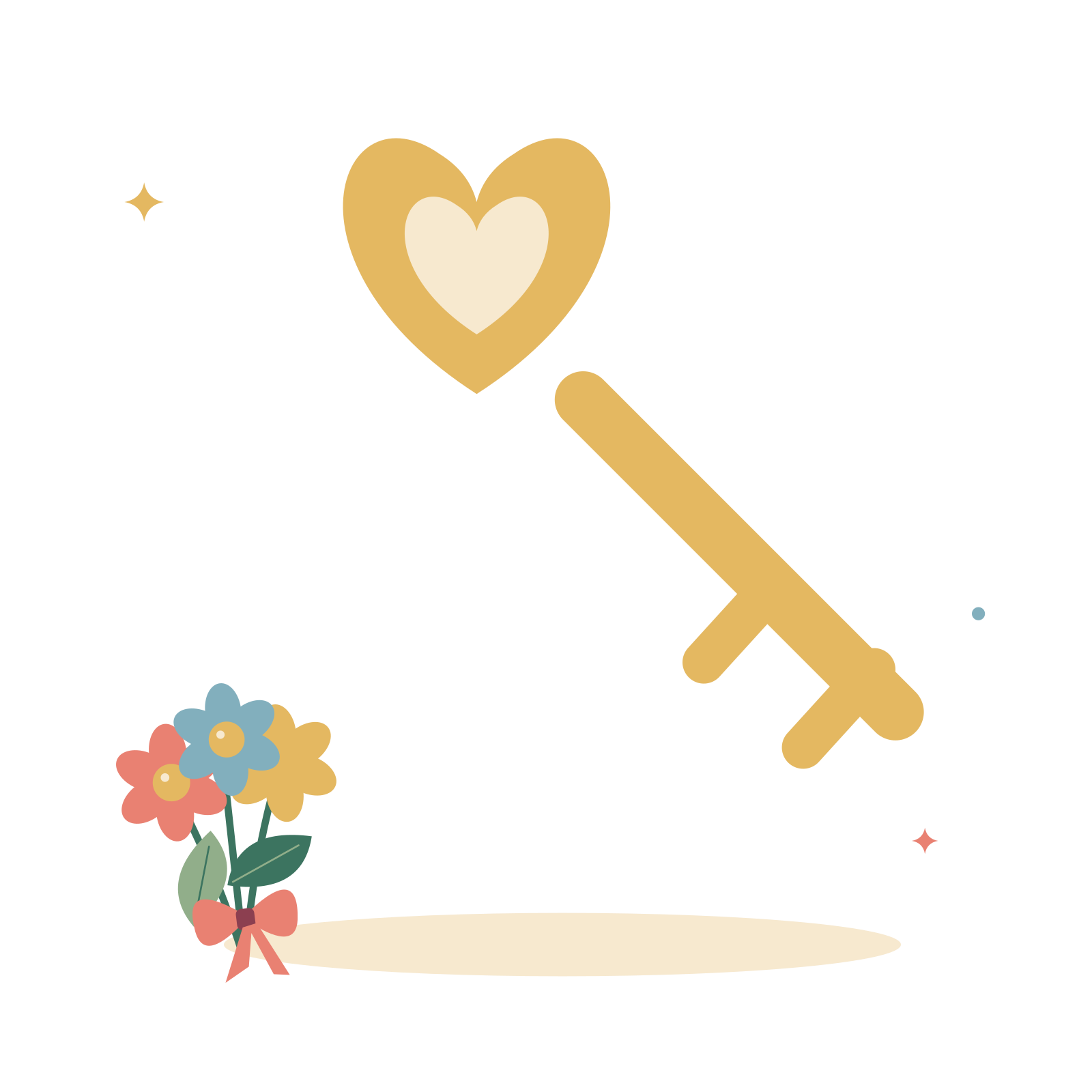 A golden love key and floral ribbon.