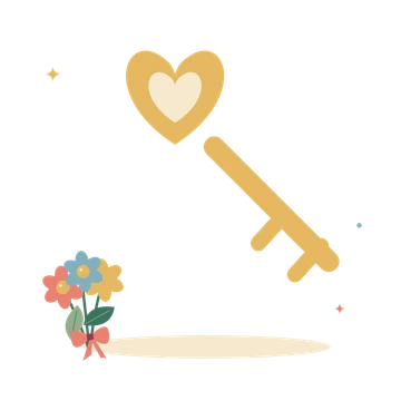 A golden love key and floral ribbon.