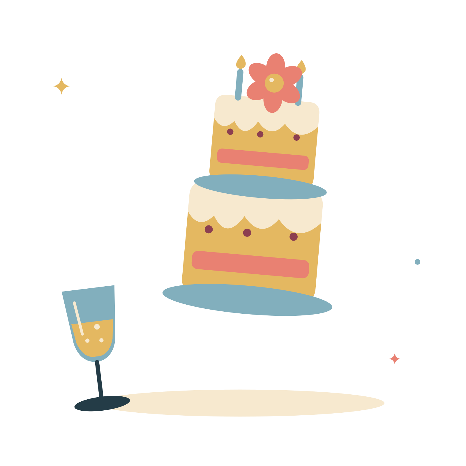 Wedding cake and champagne flute.