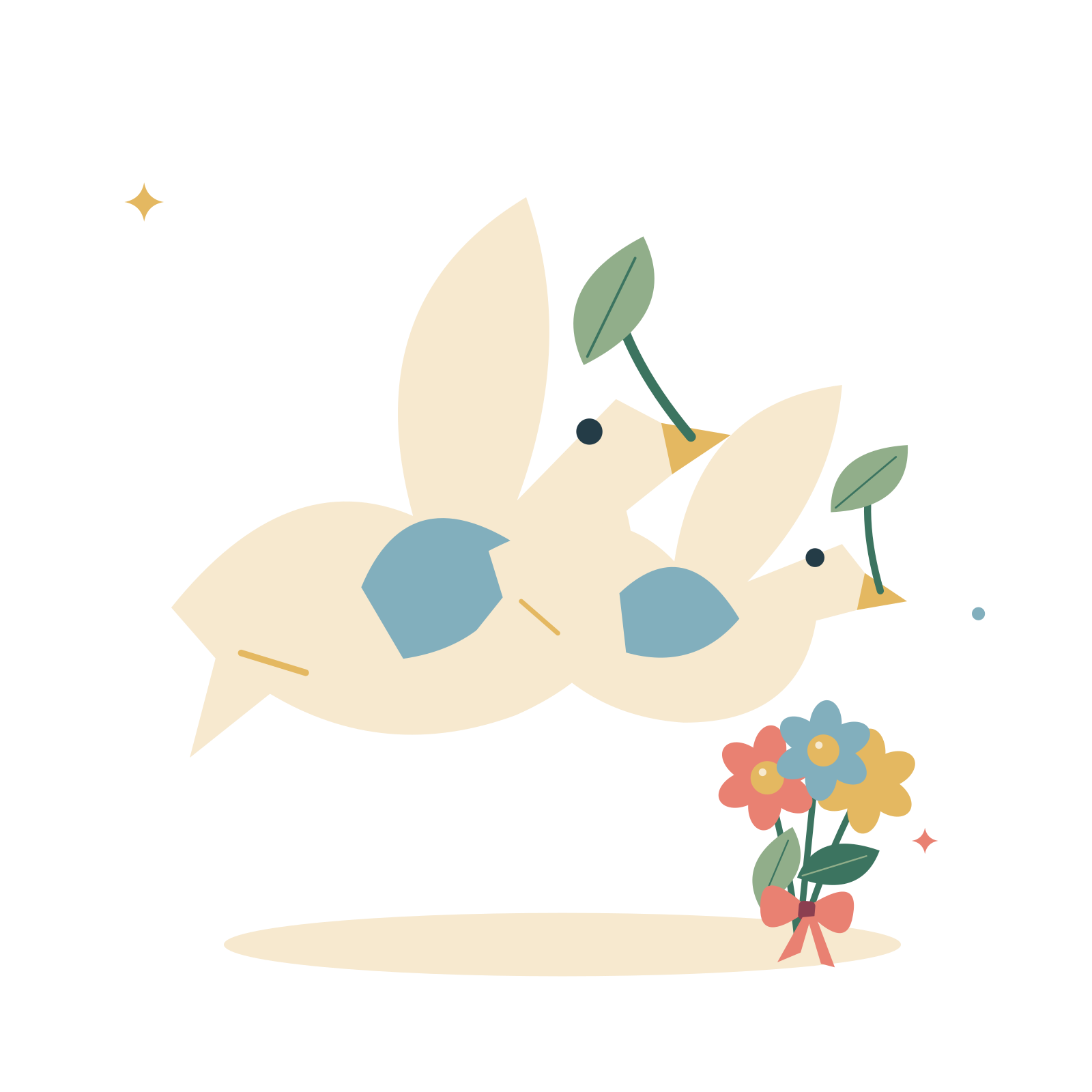 Wedding doves and a floral spray.