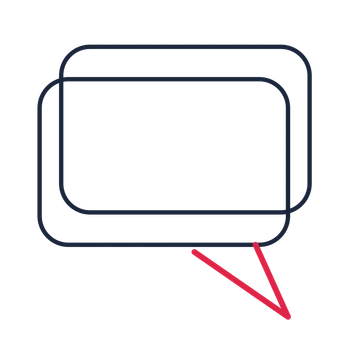 A double speech bubble with a right tail and blank interior for quotes or messages.