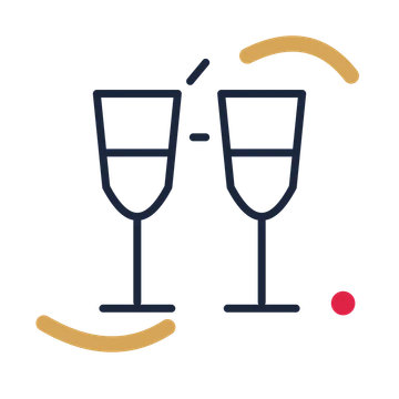 Celebration champagne flutes in a duotone drawing with clear rounded lines.