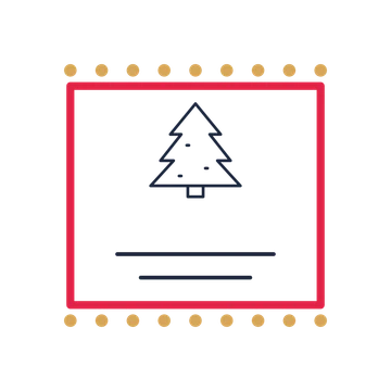 A stamp label composition featuring decorated christmas tree for Christmas designs.