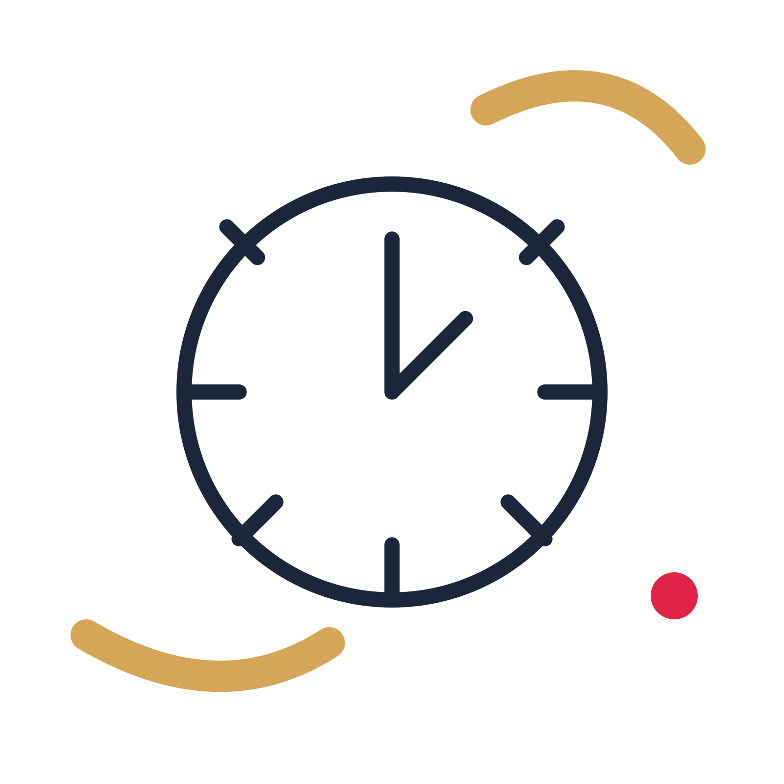 Midnight countdown clock in a duotone drawing with clear rounded lines.