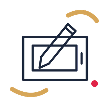 Digital drawing tablet in a duotone drawing with clear rounded lines.