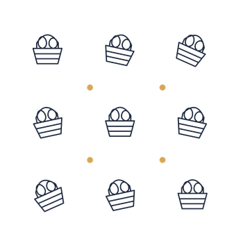 A scattered pattern composition featuring easter basket with eggs for Easter designs.