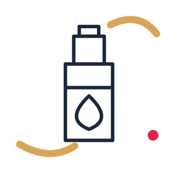 Essential oil bottle in a duotone drawing with clear rounded lines.