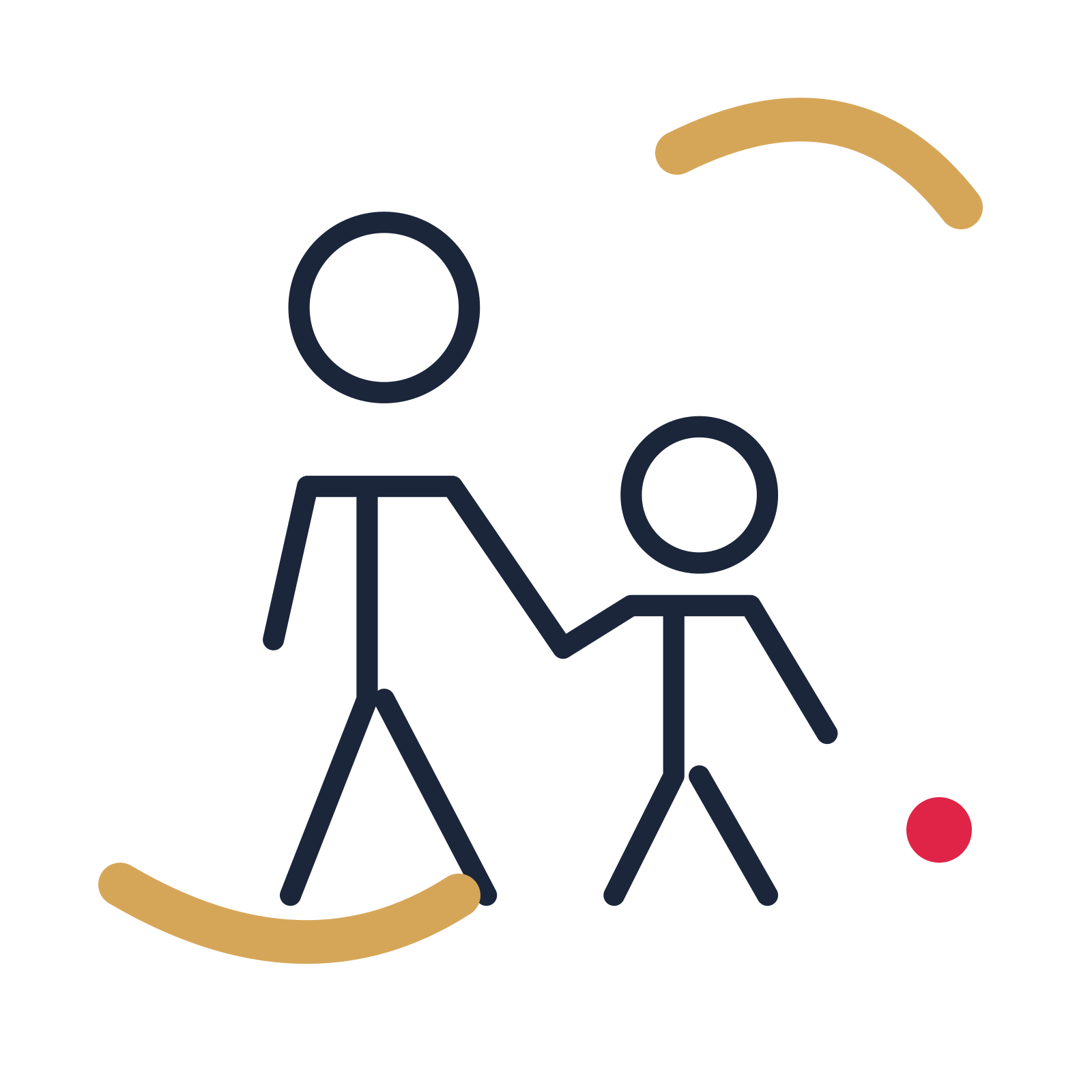 Father and child walking in a duotone drawing with clear rounded lines.