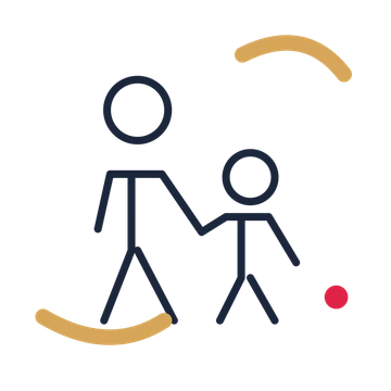 Father and child walking in a duotone drawing with clear rounded lines.