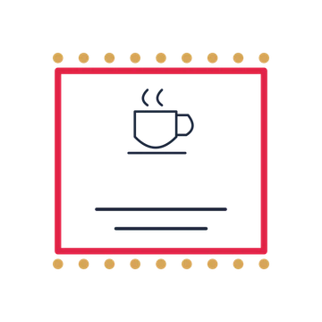 A stamp label composition featuring coffee cup and saucer for Food & drink designs.