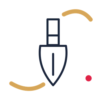 Garden hand trowel in a duotone drawing with clear rounded lines.