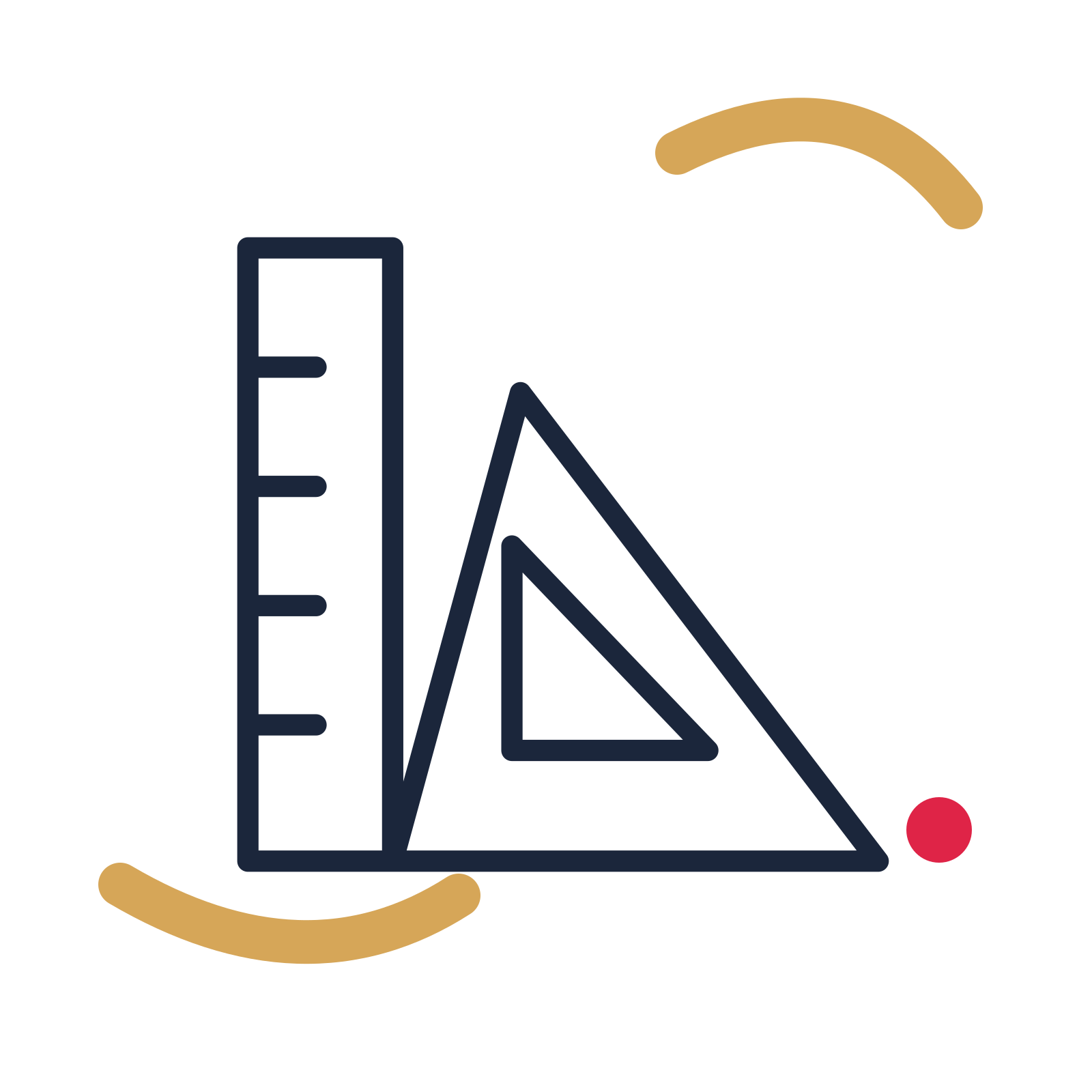 Geometry ruler and triangle in a duotone drawing with clear rounded lines.