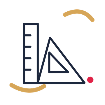 Geometry ruler and triangle in a duotone drawing with clear rounded lines.