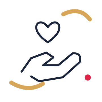 Community helping hands in a duotone drawing with clear rounded lines.