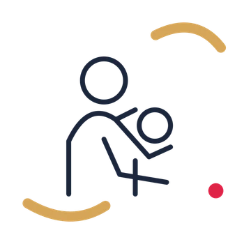 Mother and child embrace in a duotone drawing with clear rounded lines.