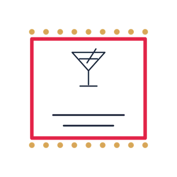 A stamp label composition featuring cocktail glass for New Year’s Eve designs.