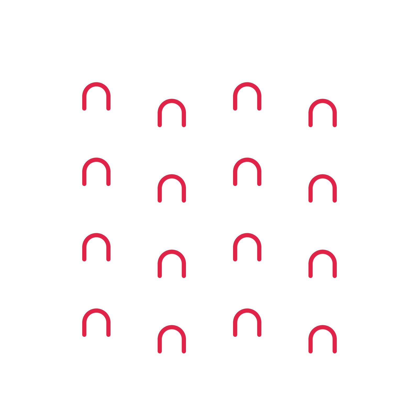 A transparent panel of arches in a diagonal layout with 4 rows for layering over a coloured background.
