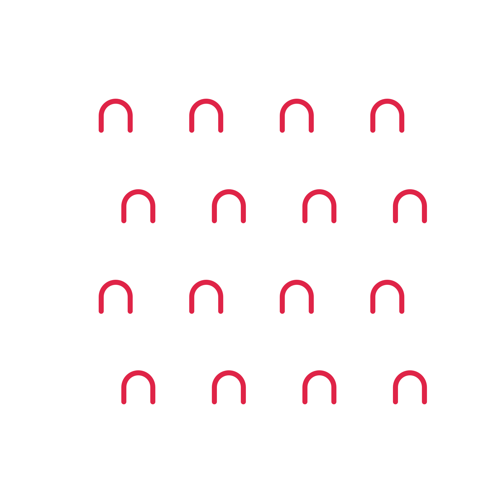 A transparent panel of arches in a staggered layout with 4 rows for layering over a coloured background.