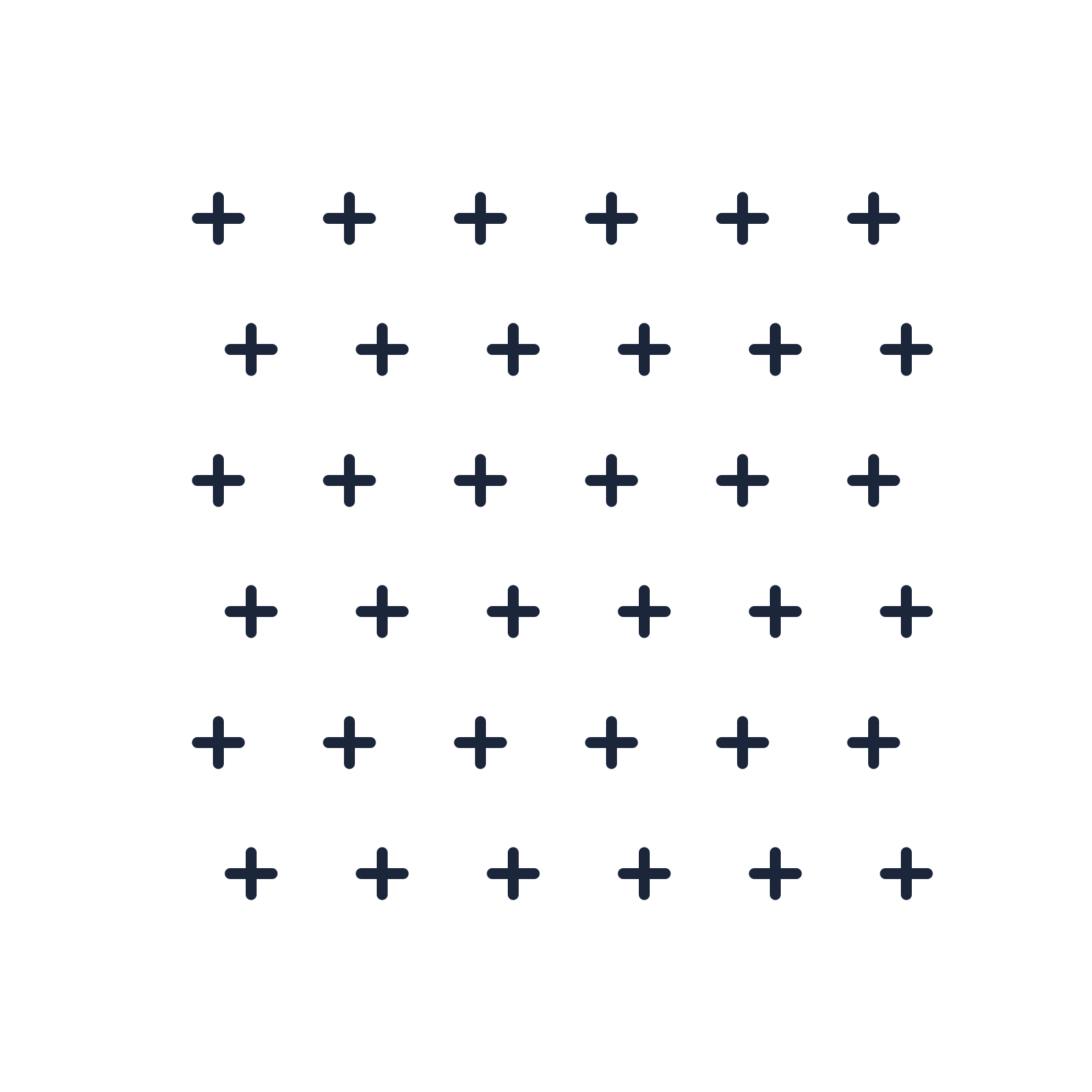 A transparent panel of crosses in a staggered layout with 6 rows for layering over a coloured background.