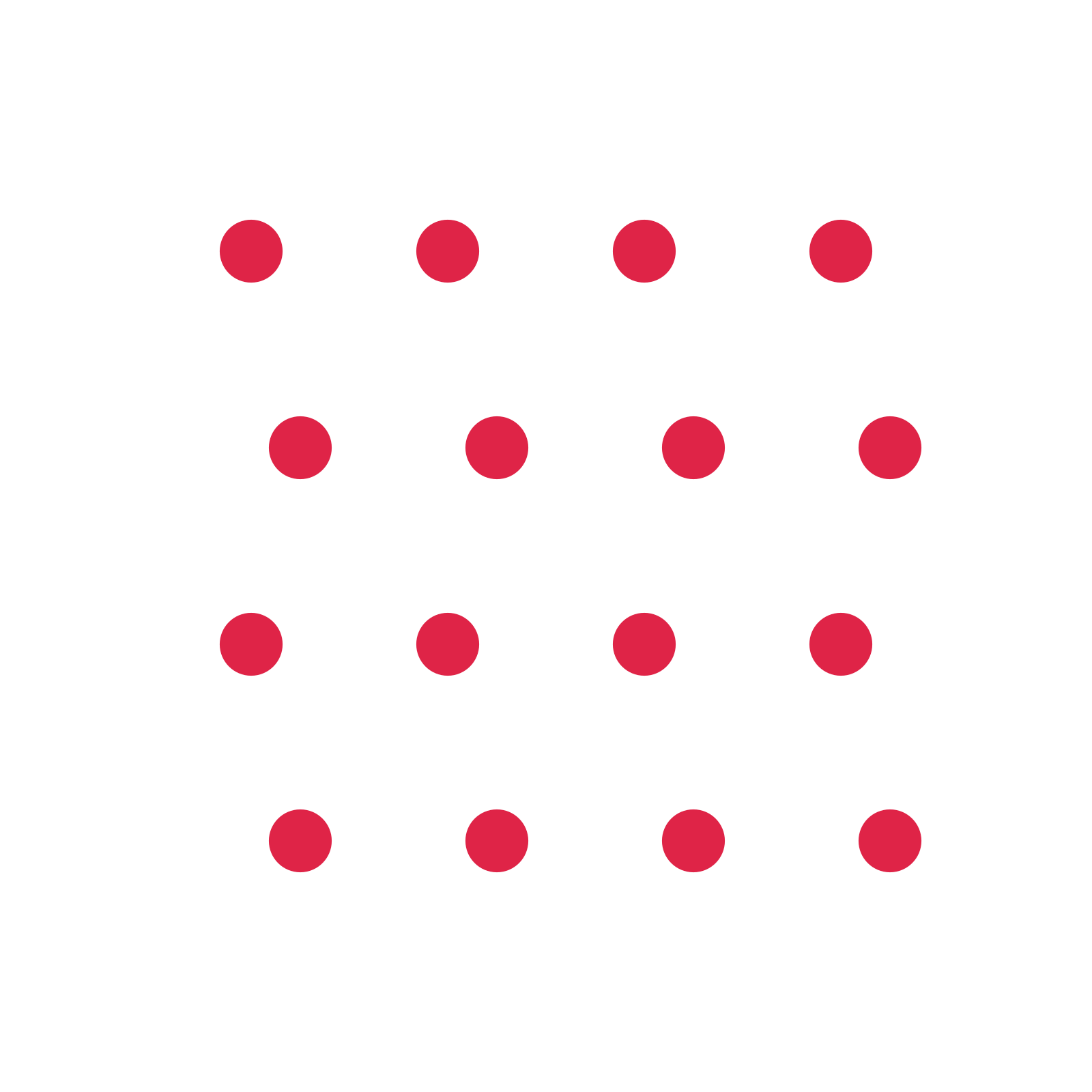 A transparent panel of dots in a staggered layout with 4 rows for layering over a coloured background.