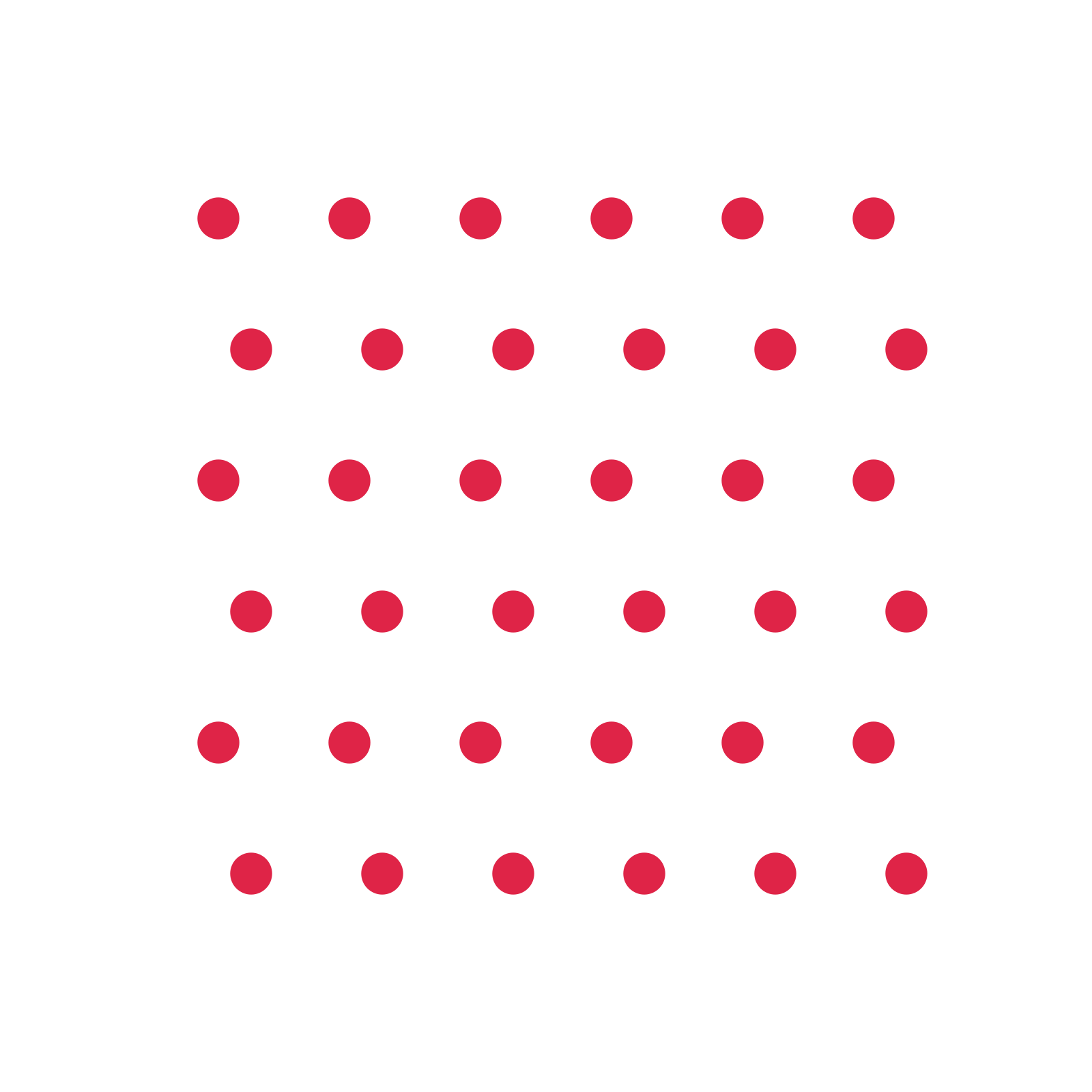 A transparent panel of dots in a staggered layout with 6 rows for layering over a coloured background.