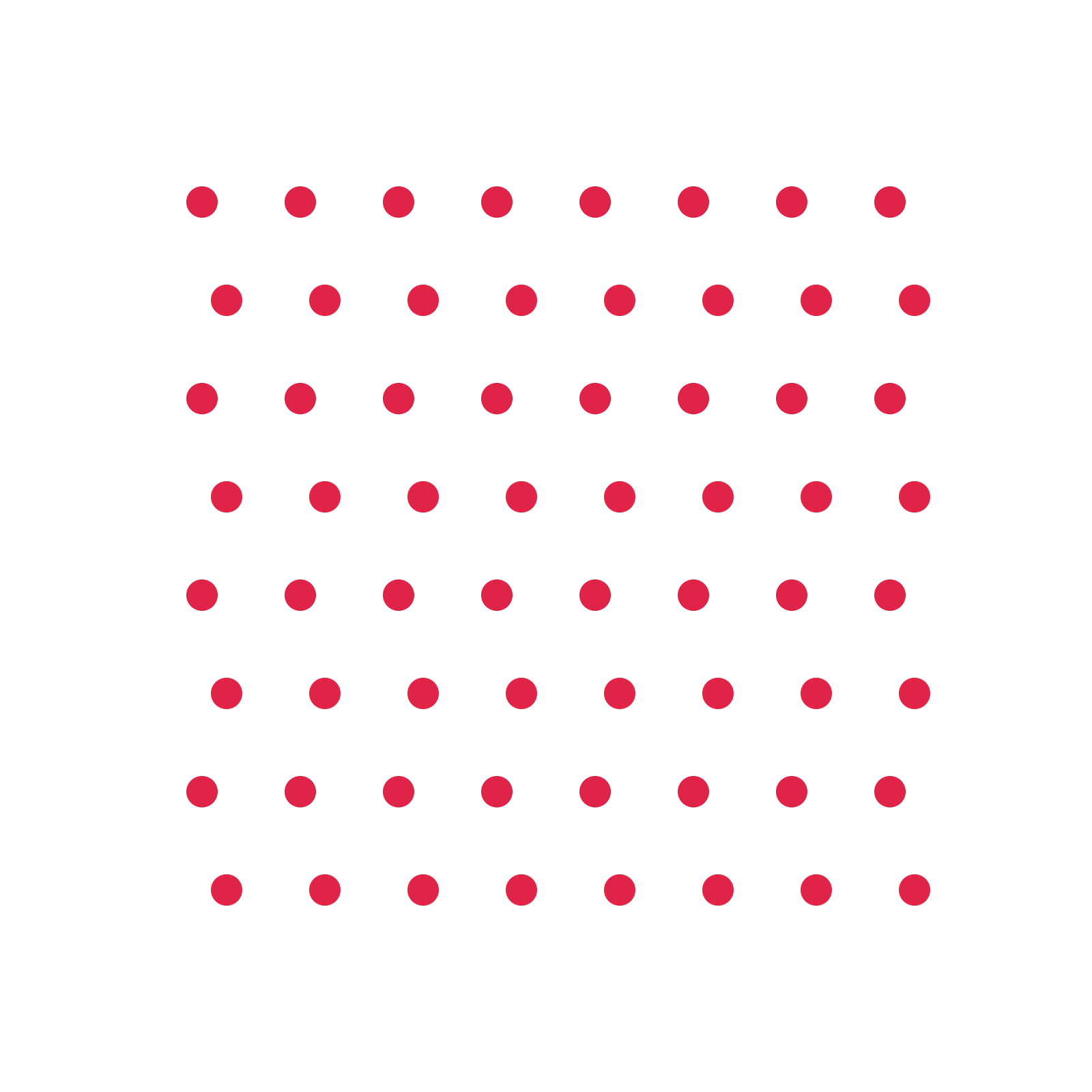 A transparent panel of dots in a staggered layout with 8 rows for layering over a coloured background.