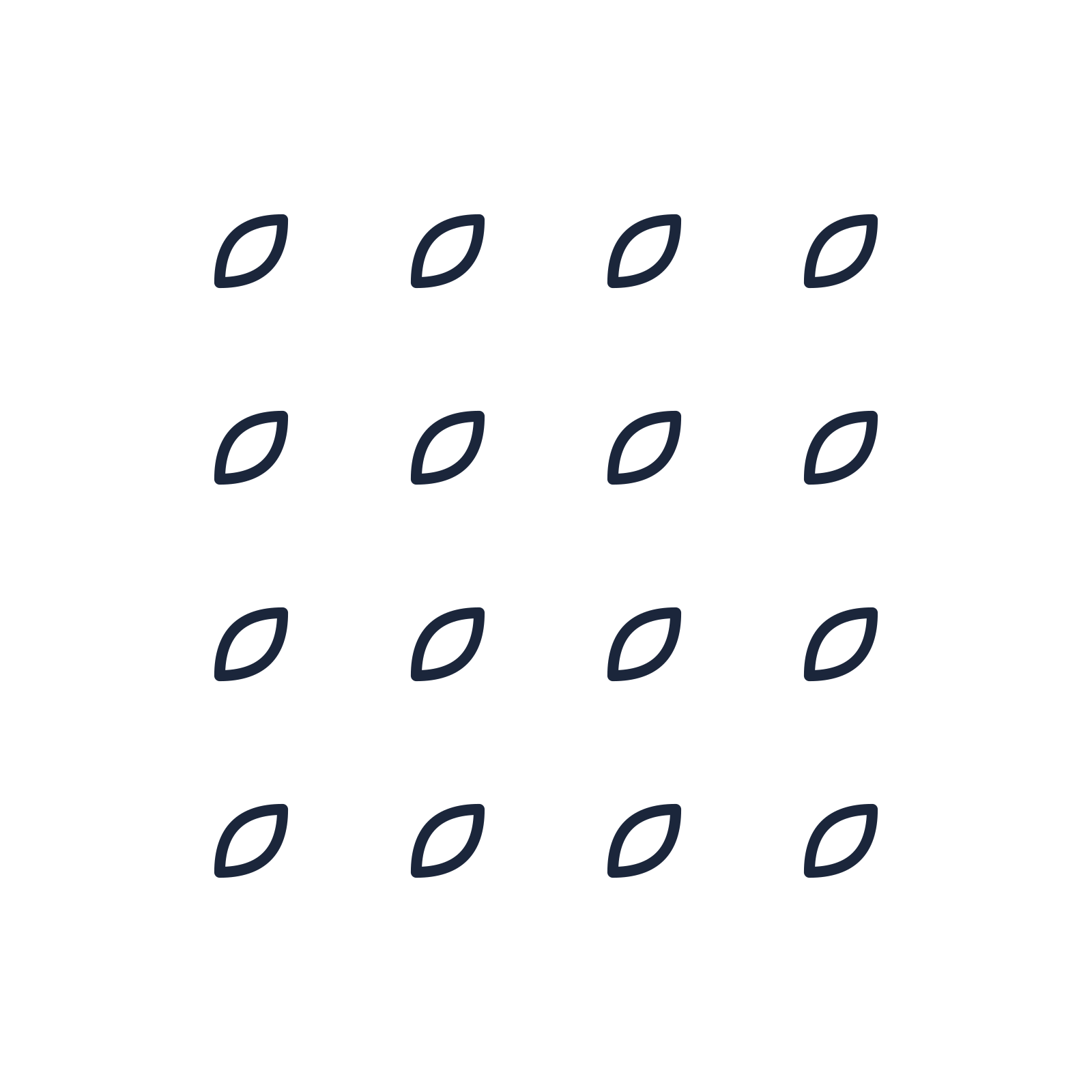 A transparent panel of leaves in a aligned layout with 4 rows for layering over a coloured background.