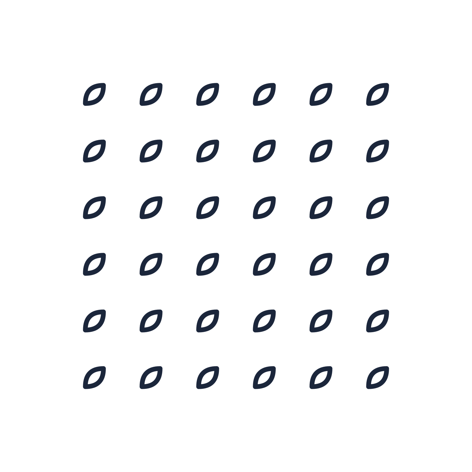 A transparent panel of leaves in a aligned layout with 6 rows for layering over a coloured background.