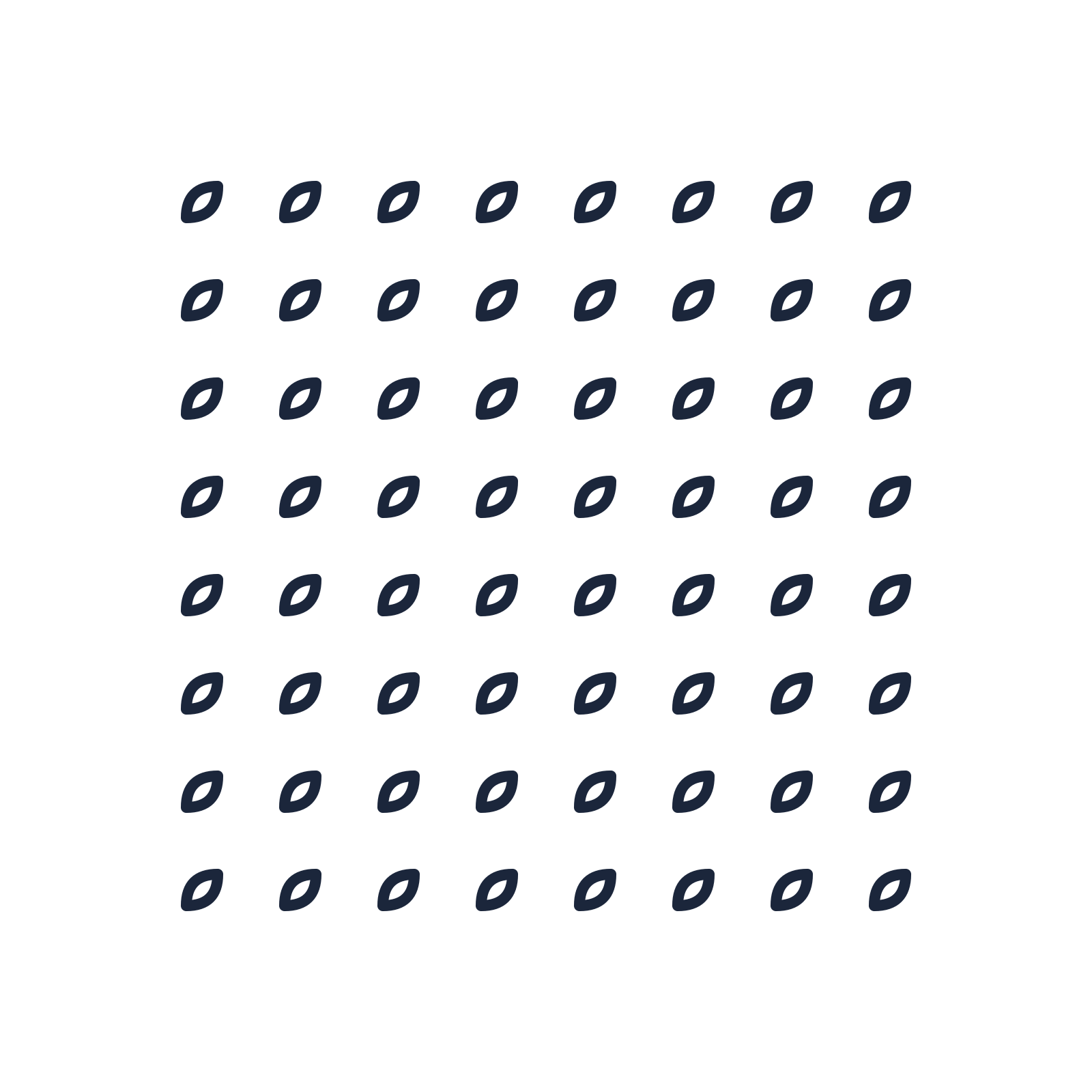 A transparent panel of leaves in a aligned layout with 8 rows for layering over a coloured background.
