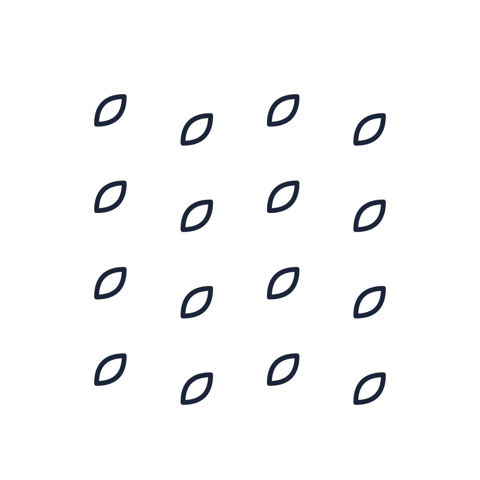 A transparent panel of leaves in a diagonal layout with 4 rows for layering over a coloured background.