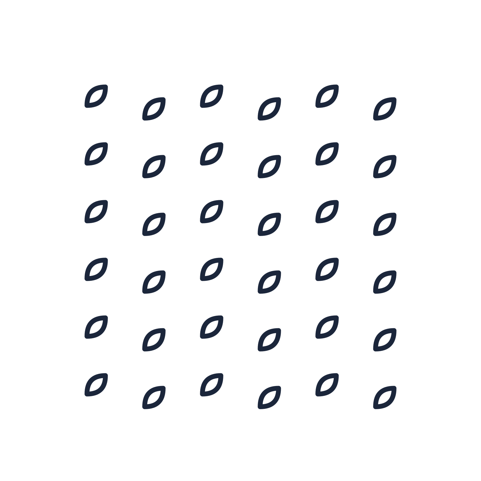 A transparent panel of leaves in a diagonal layout with 6 rows for layering over a coloured background.