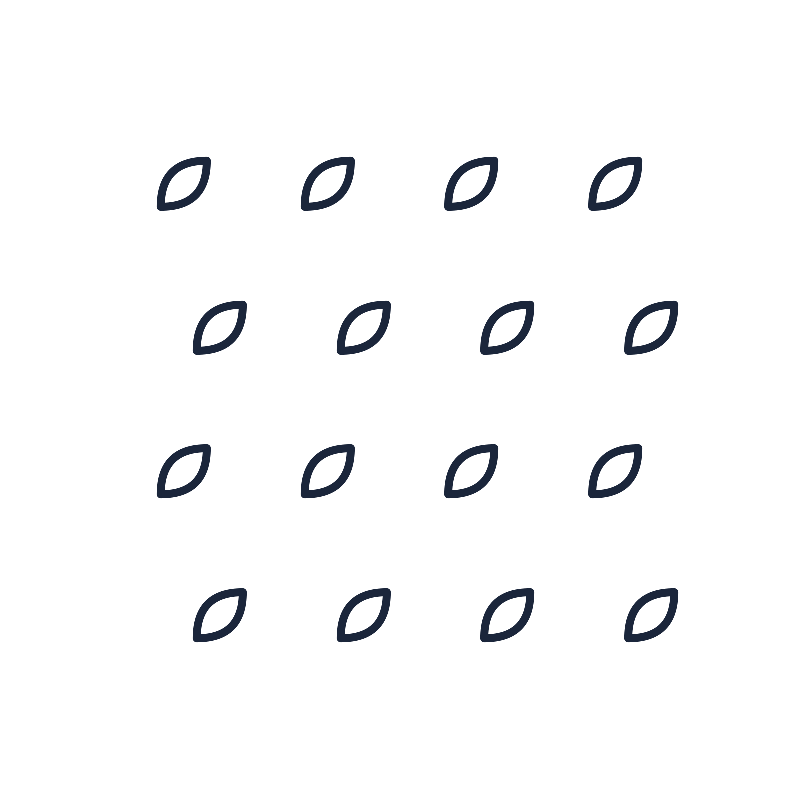 A transparent panel of leaves in a staggered layout with 4 rows for layering over a coloured background.