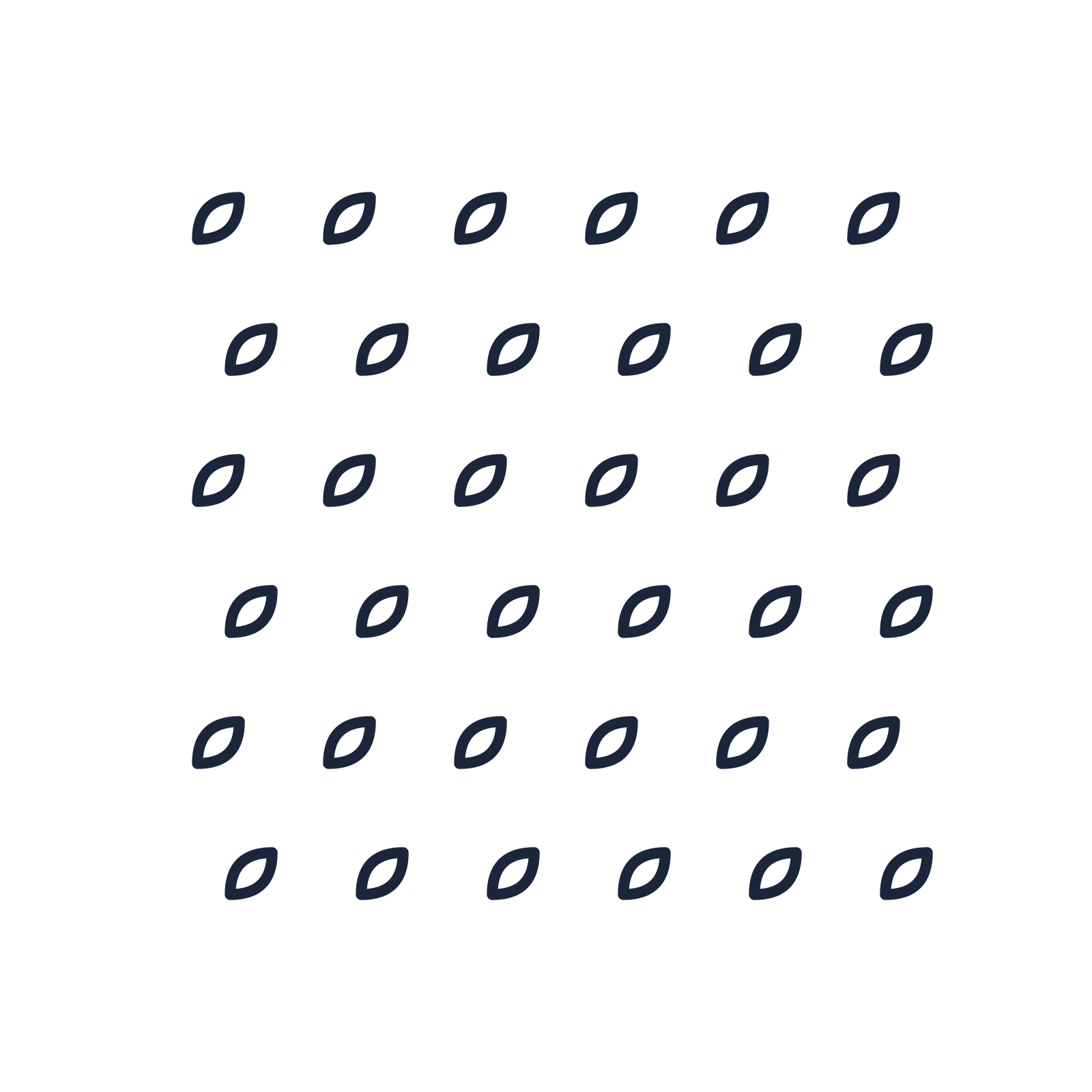 A transparent panel of leaves in a staggered layout with 6 rows for layering over a coloured background.