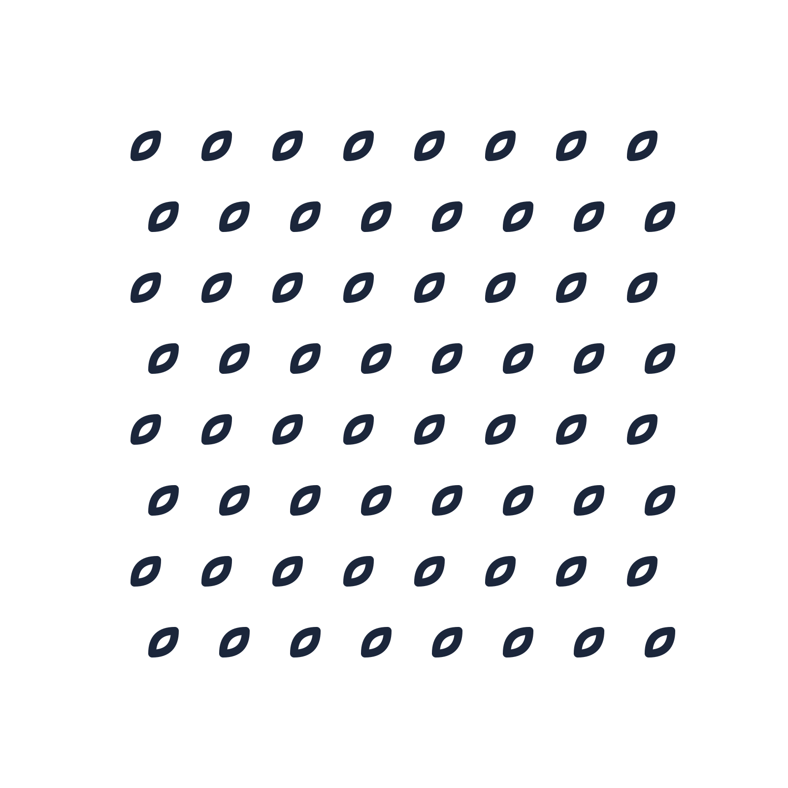 A transparent panel of leaves in a staggered layout with 8 rows for layering over a coloured background.