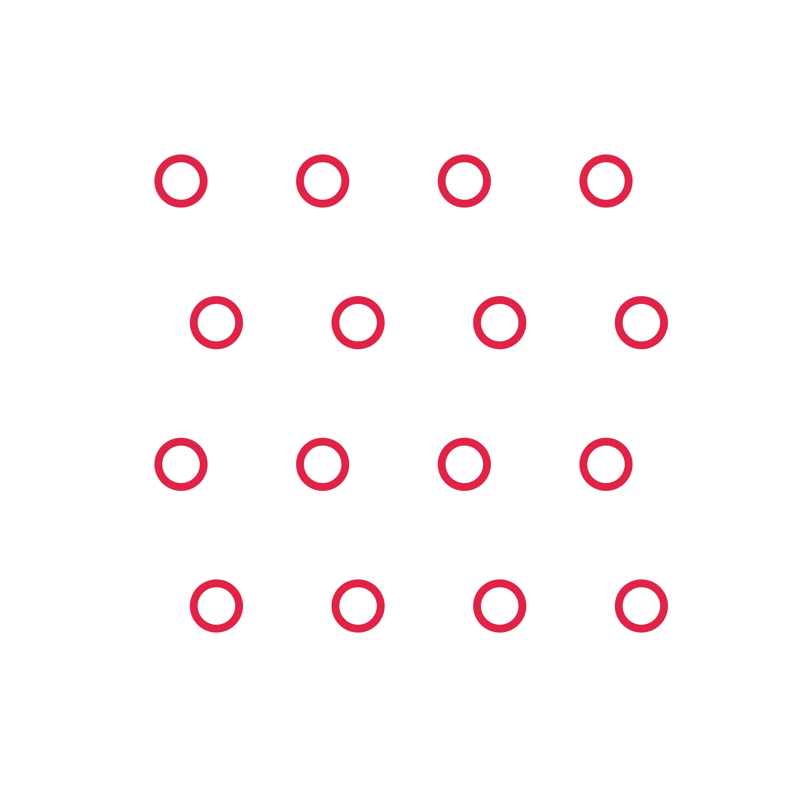 A transparent panel of rings in a staggered layout with 4 rows for layering over a coloured background.