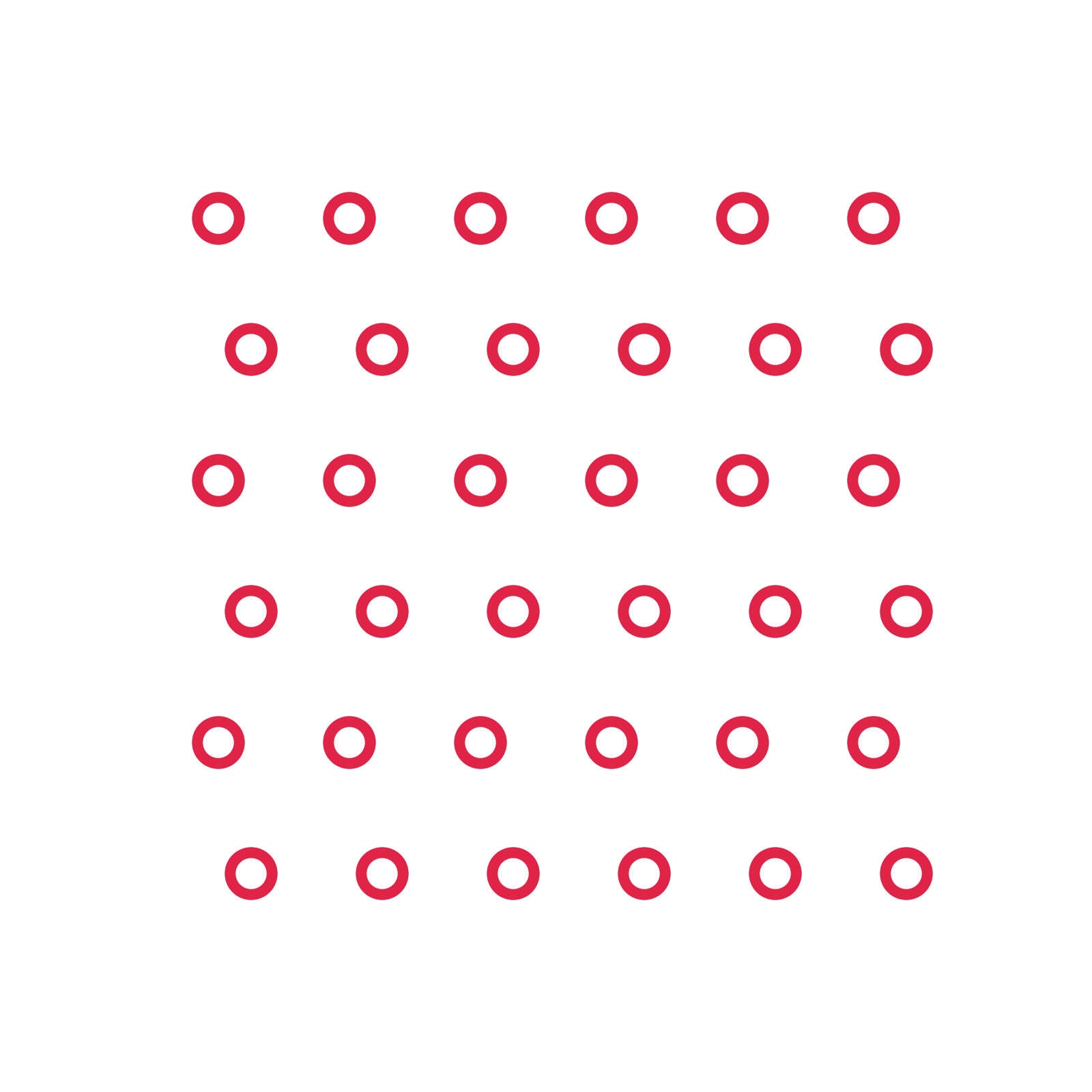 A transparent panel of rings in a staggered layout with 6 rows for layering over a coloured background.