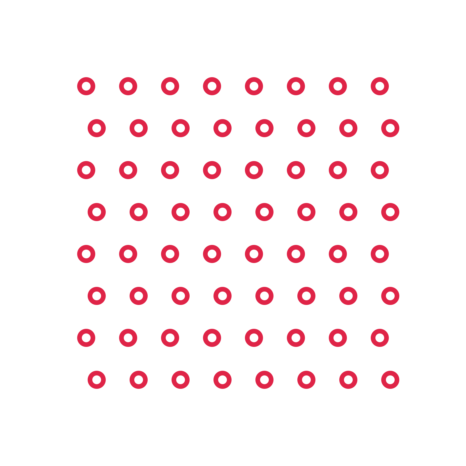 A transparent panel of rings in a staggered layout with 8 rows for layering over a coloured background.