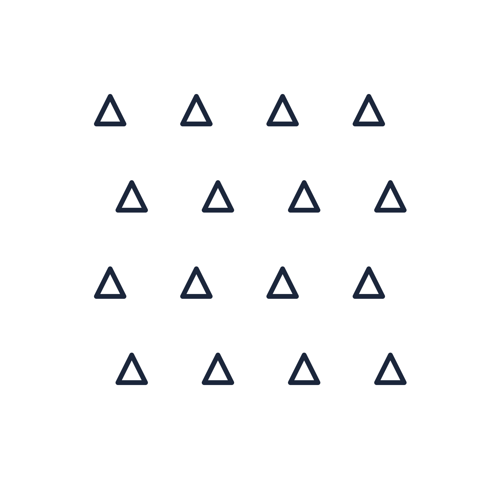 A transparent panel of triangles in a staggered layout with 4 rows for layering over a coloured background.