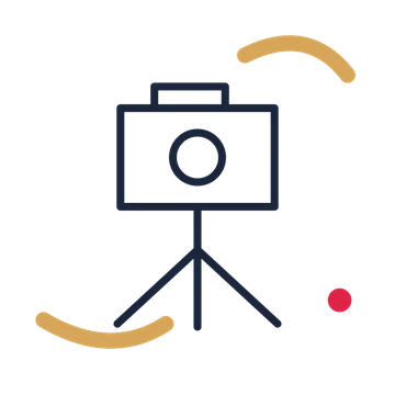 Photography camera tripod in a duotone drawing with clear rounded lines.
