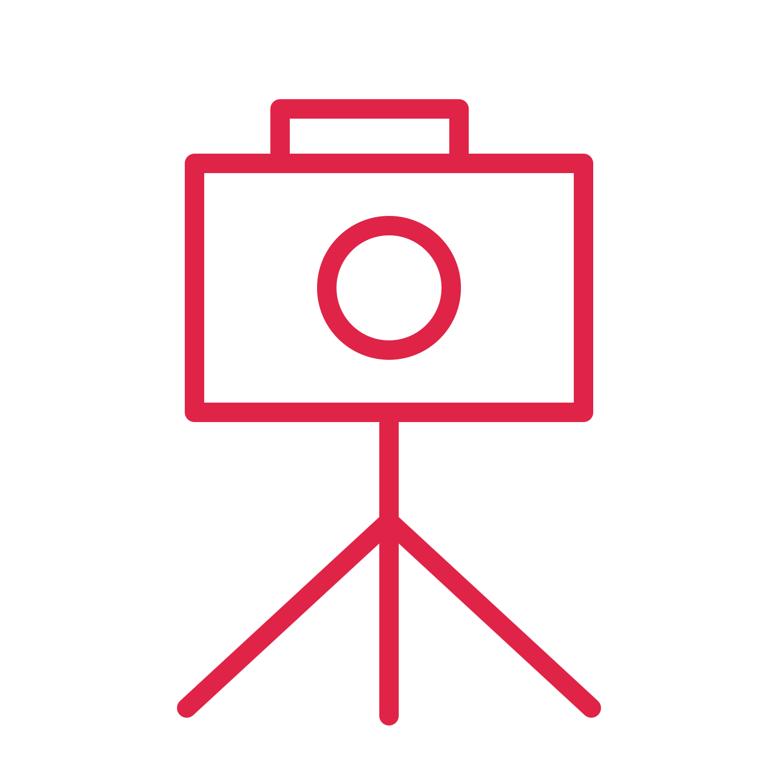 Photography camera tripod in an outline drawing with clear rounded lines.