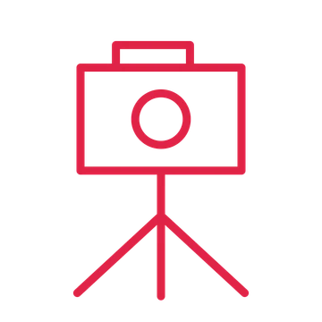 Photography camera tripod in an outline drawing with clear rounded lines.