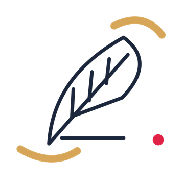 Author writing quill in a duotone drawing with clear rounded lines.
