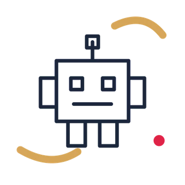 Friendly technology robot in a duotone drawing with clear rounded lines.