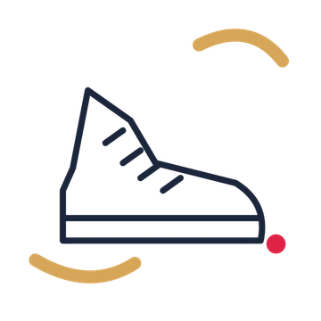 Athletic running shoe in a duotone drawing with clear rounded lines.